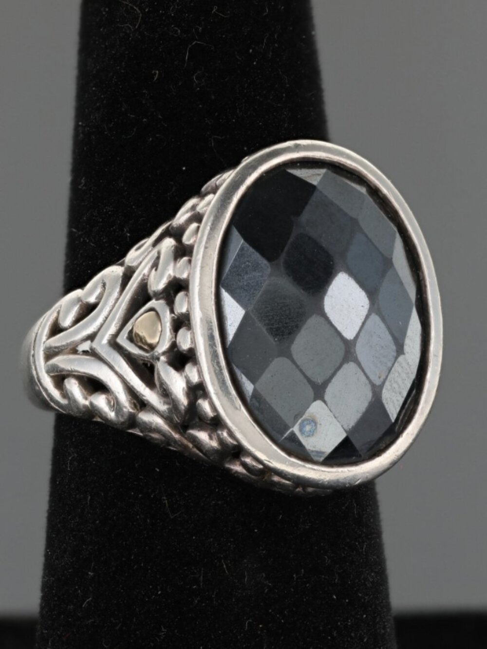 Vintage Angela by John Hardy checkerboard faceted hematite ring 925 with 14K sz7
